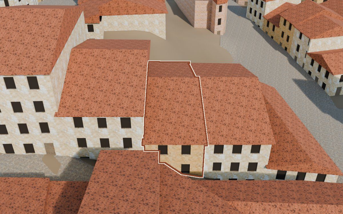 Casa del Carrer del Calvari a la reconstrucció 3D, vista des del seu carrer, amb el contorn marcat de color teula entre les cases del voltant