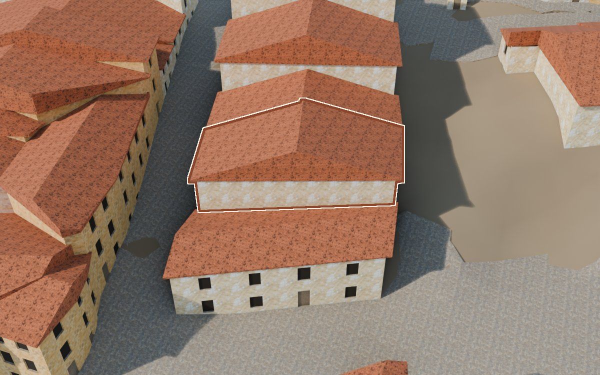 Casa del Carrer del Calvari a la reconstrucció 3D, vista des del seu carrer, amb el contorn marcat de color teula entre les cases del voltant