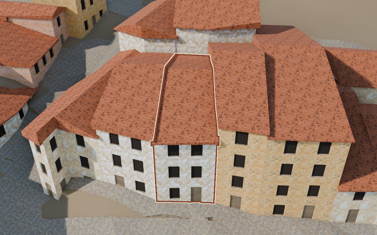 Manzana 43, n.º 4 a la reconstrucció 3D, vista des del seu carrer, amb el contorn marcat de color teula entre les cases del voltant
