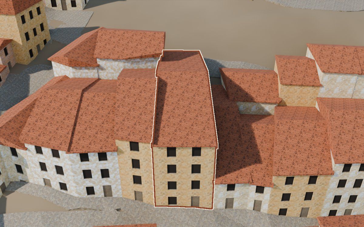 Manzana 43, n.º 6 a la reconstrucció 3D, vista des del seu carrer, amb el contorn marcat de color teula entre les cases del voltant