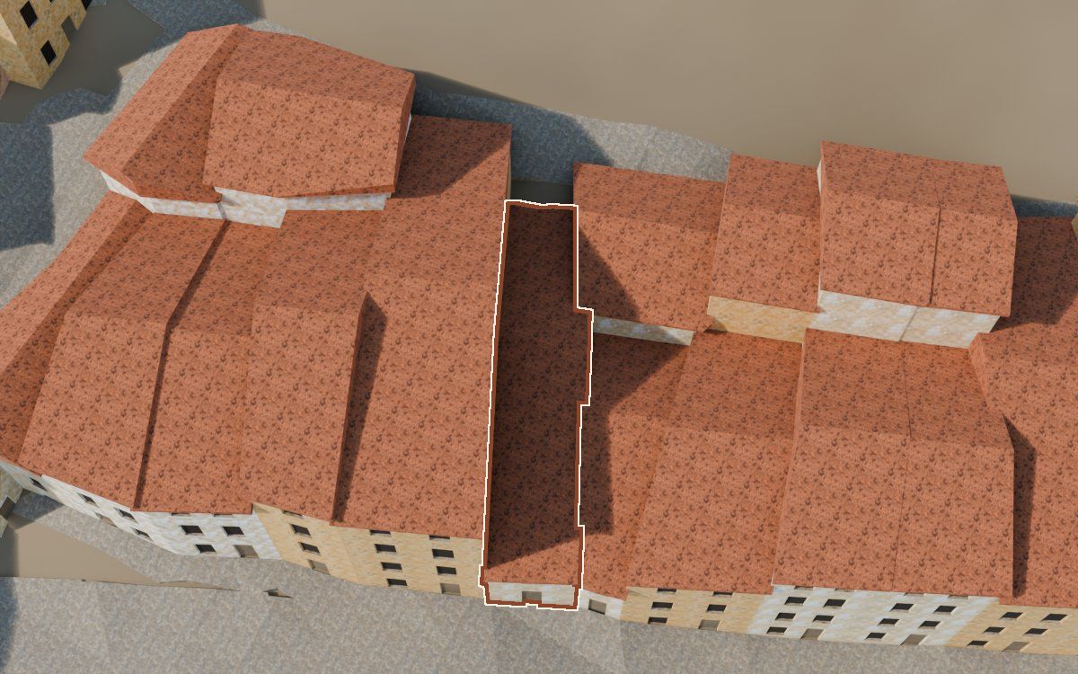 Casa cerca del Carrer de les Creus a la reconstrucció 3D, vista des del costat on millor es veu, amb el contorn marcat de color teula entre les cases del voltant