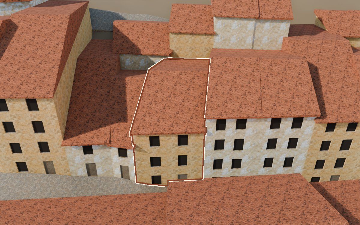 Manzana 43, n.º 9 a la reconstrucció 3D, vista des del seu carrer, amb el contorn marcat de color teula entre les cases del voltant