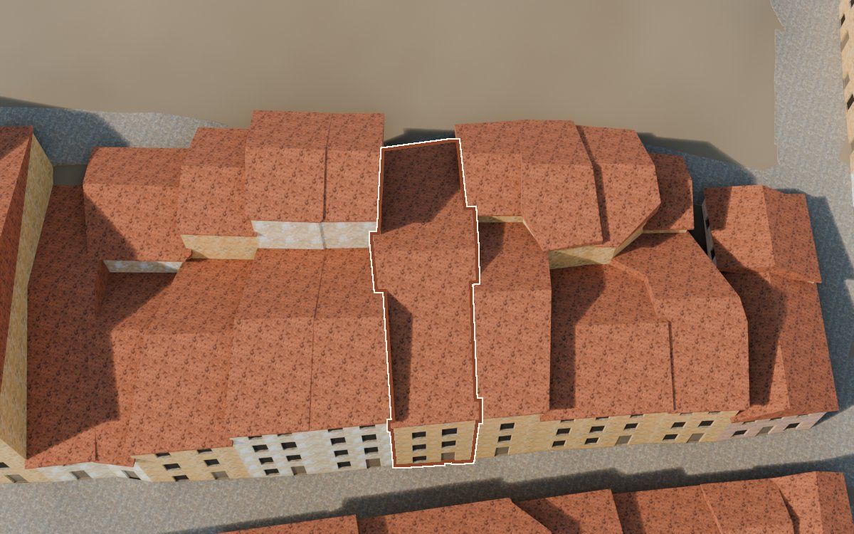 Manzana 43, n.º 12 a la reconstrucció 3D, vista des del costat on millor es veu, amb el contorn marcat de color teula entre les cases del voltant
