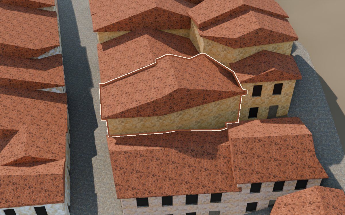Manzana 43, n.º 15 a la reconstrucció 3D, vista des del seu carrer, amb el contorn marcat de color teula entre les cases del voltant