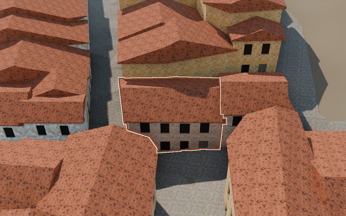 Manzana 43, n.º 17 a la reconstrucció 3D, vista des del seu carrer, amb el contorn marcat de color teula entre les cases del voltant