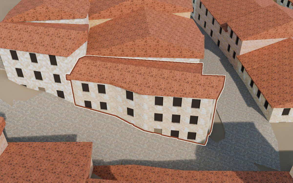 Manzana 43, n.º 2 a la reconstrucció 3D, vista des del seu carrer, amb el contorn marcat de color teula entre les cases del voltant