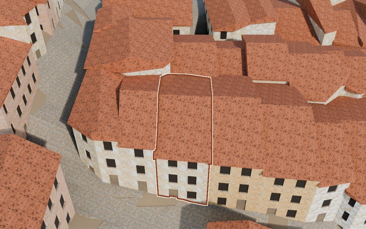 Manzana 32, n.º 12 a la reconstrucció 3D, vista des del costat on millor es veu, amb el contorn marcat de color teula entre les cases del voltant
