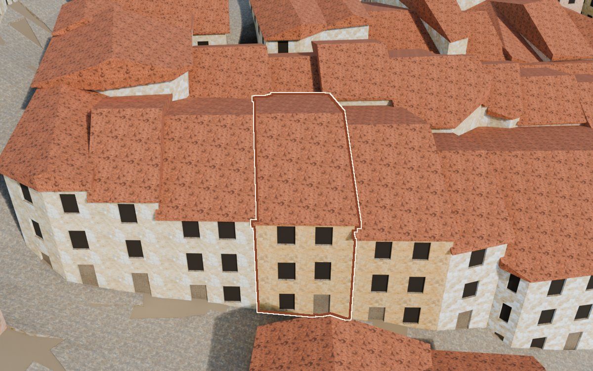 Manzana 32, n.º 11 a la reconstrucció 3D, vista des del seu carrer, amb el contorn marcat de color teula entre les cases del voltant