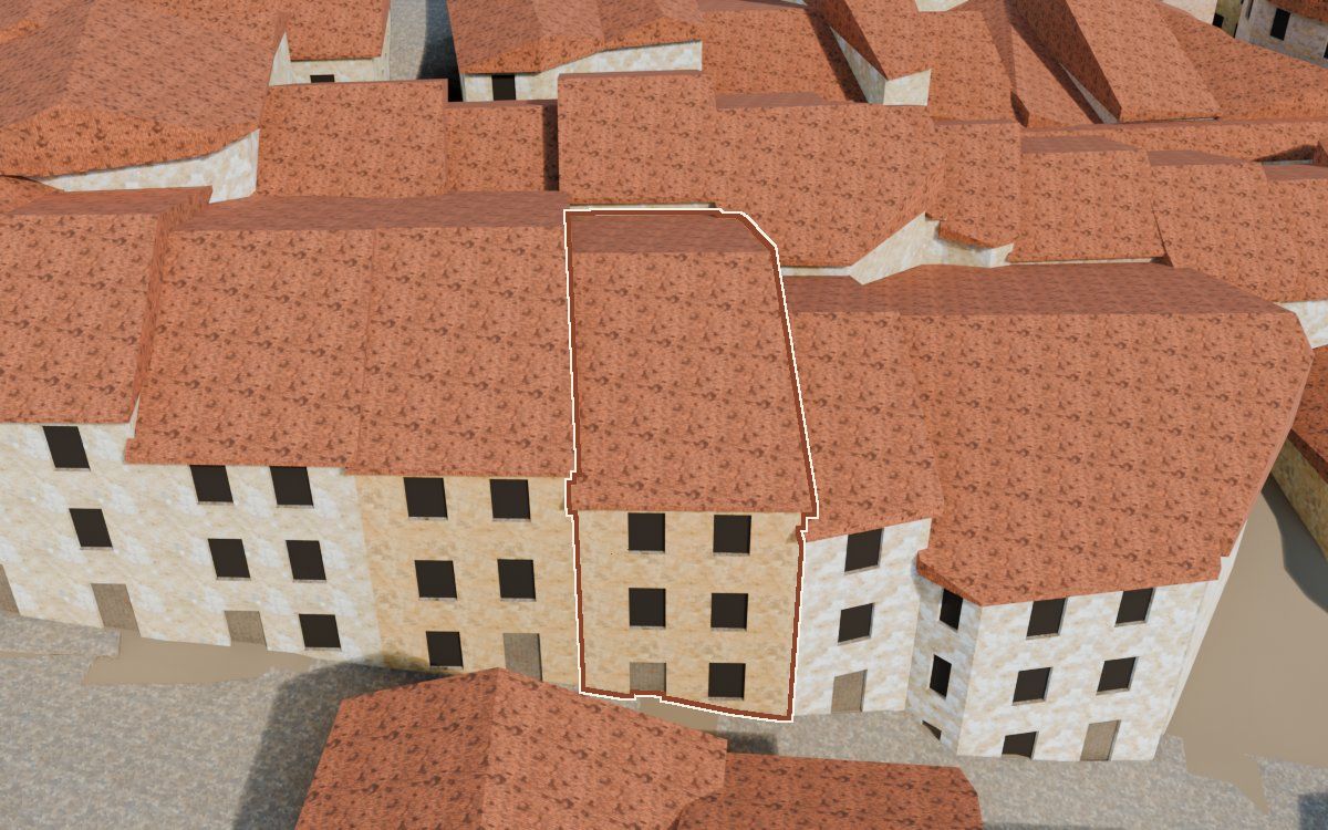 Manzana 32, n.º 10 a la reconstrucció 3D, vista des del seu carrer, amb el contorn marcat de color teula entre les cases del voltant