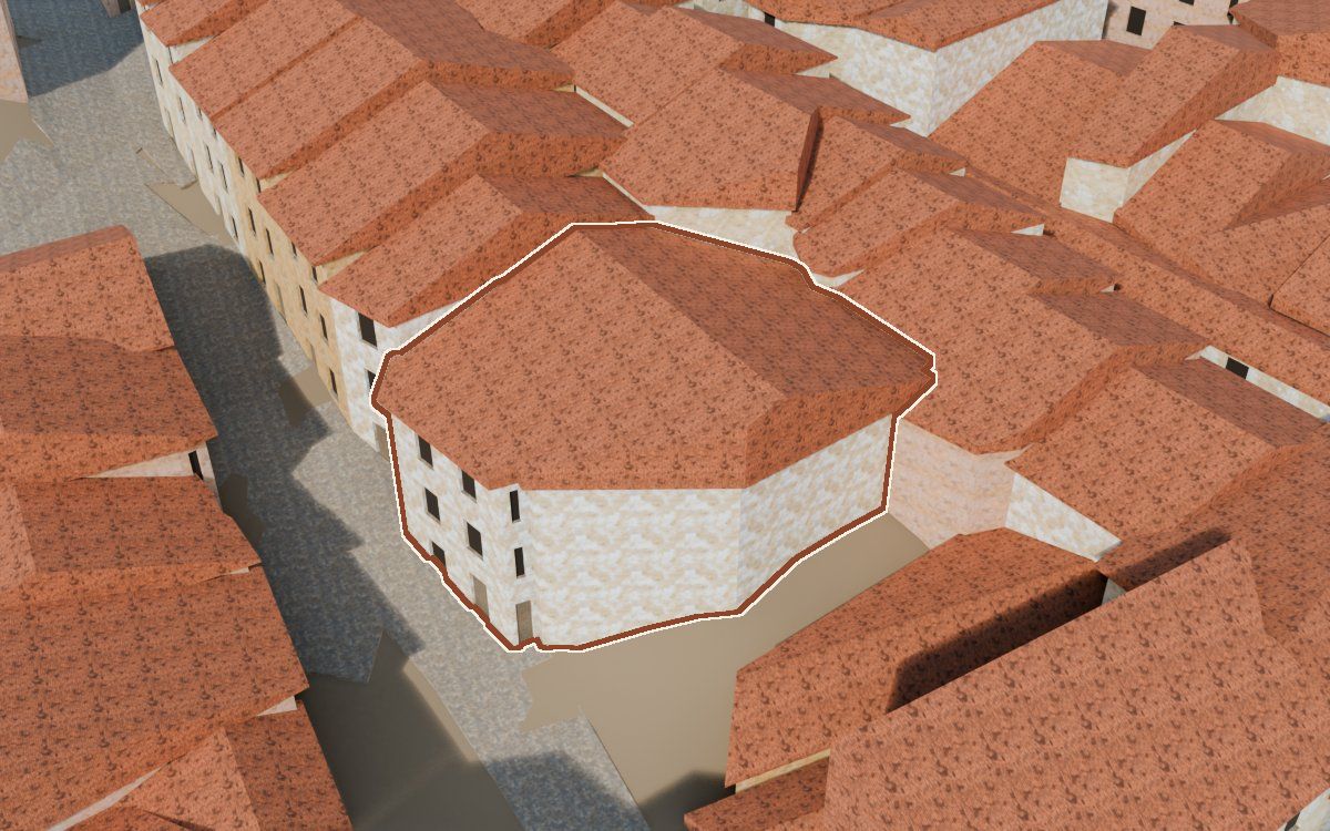 Manzana 32, n.º 8 y 6 y 7 a la reconstrucció 3D, vista des del seu carrer, amb el contorn marcat de color teula entre les cases del voltant