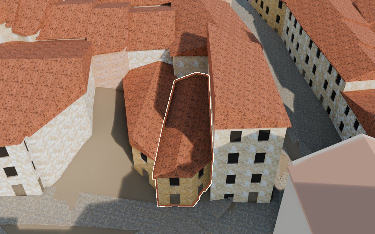 Manzana 32, n.º 3 y 5 a la reconstrucció 3D, vista des del costat on millor es veu, amb el contorn marcat de color teula entre les cases del voltant