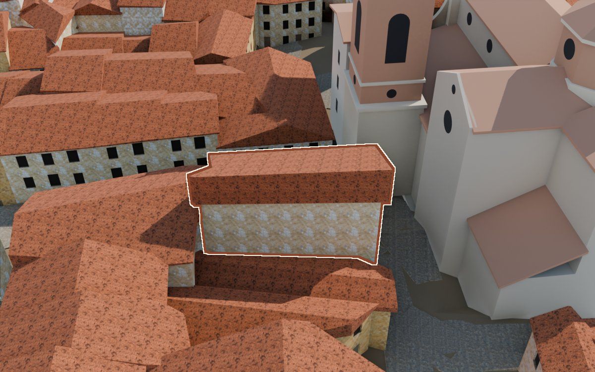 Casa alta de detrás de la torre a la reconstrucció 3D, vista des del seu carrer, amb el contorn marcat de color teula entre les cases del voltant