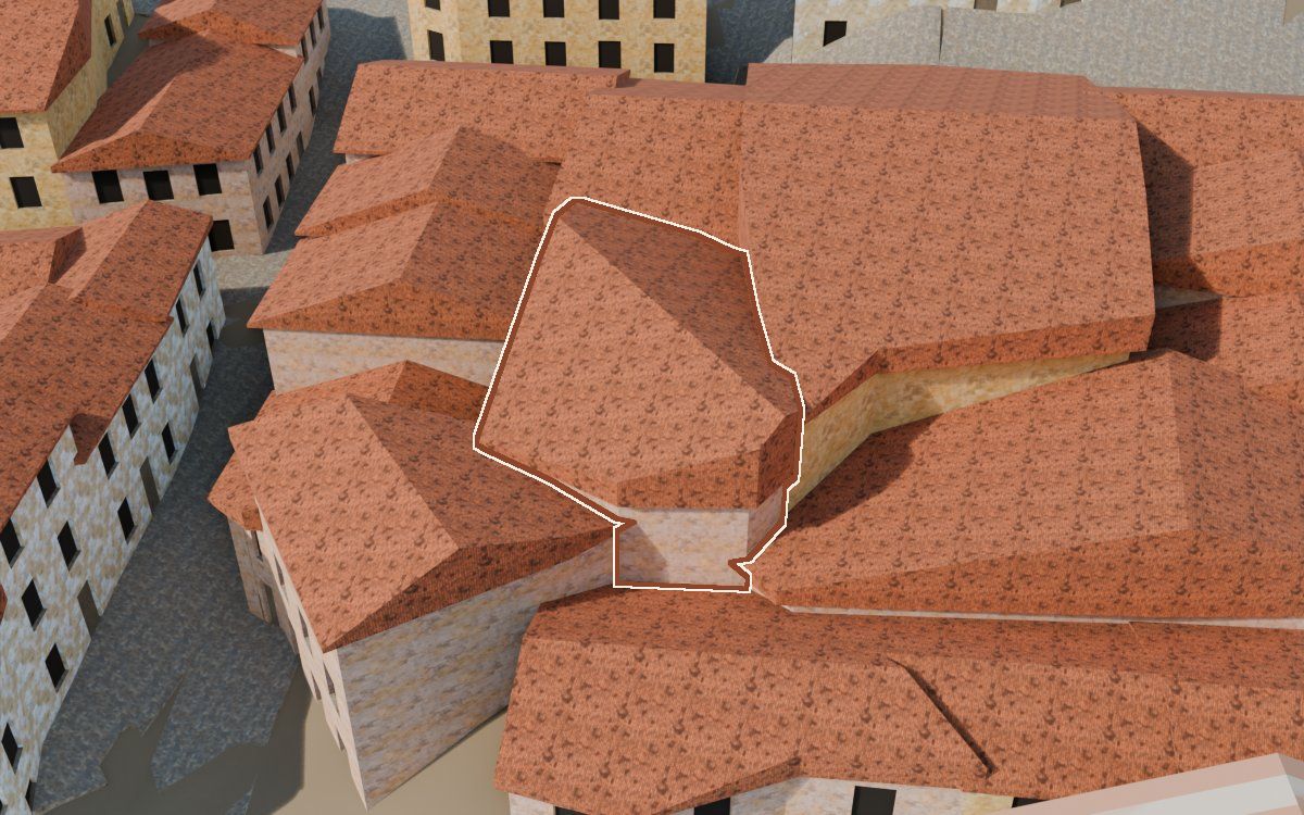 Manzana 31, n.º 9 a la reconstrucció 3D, vista des del seu carrer, amb el contorn marcat de color teula entre les cases del voltant