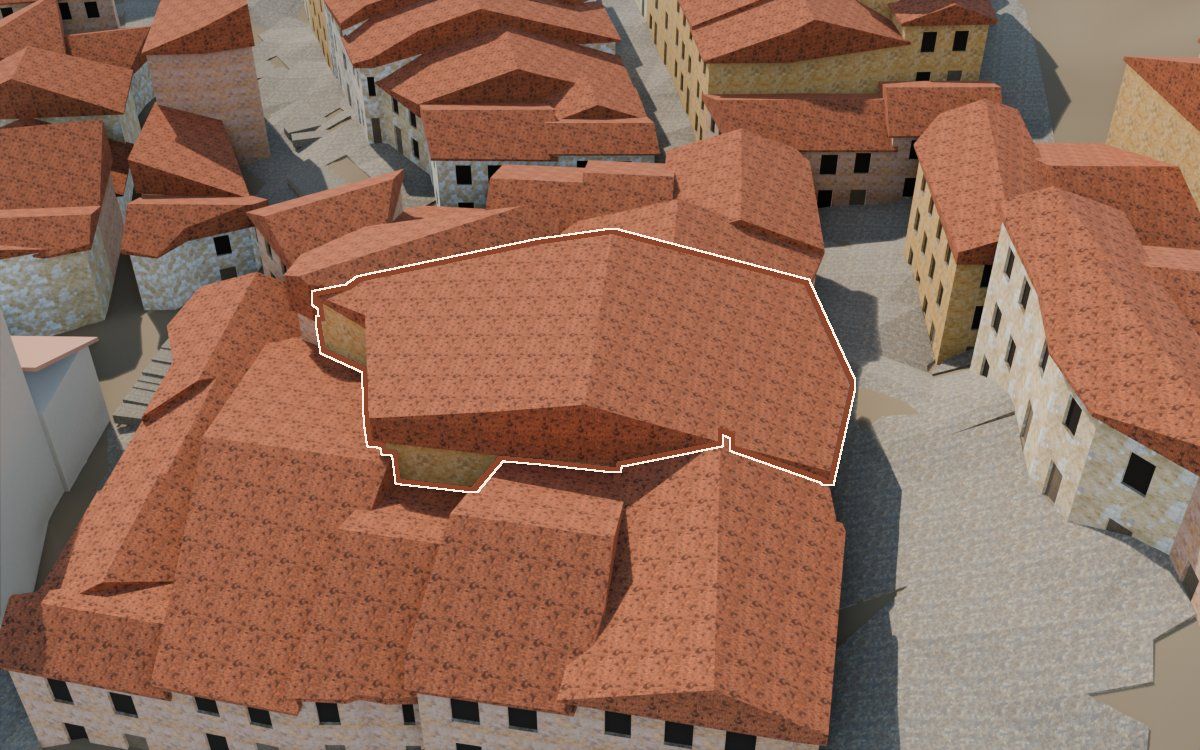Manzana 31, n.º 14 a la reconstrucció 3D, vista des del seu carrer, amb el contorn marcat de color teula entre les cases del voltant