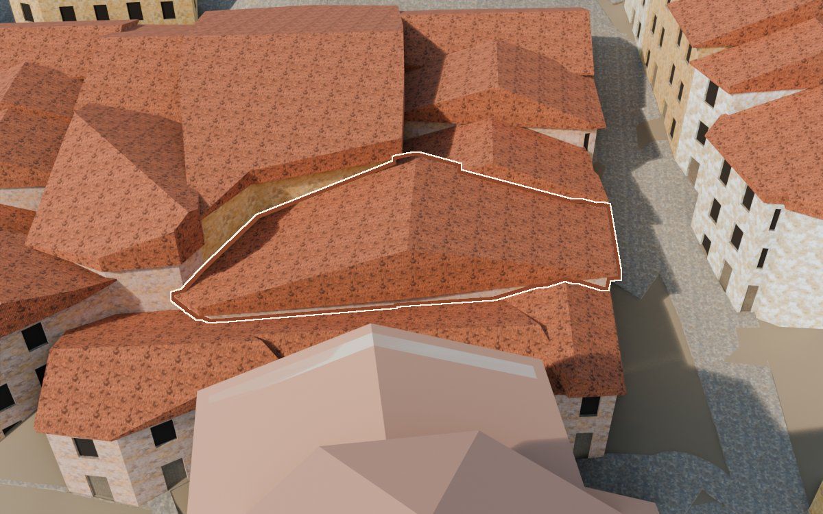 Manzana 31, n.º 20 a la reconstrucció 3D, vista des del seu carrer, amb el contorn marcat de color teula entre les cases del voltant