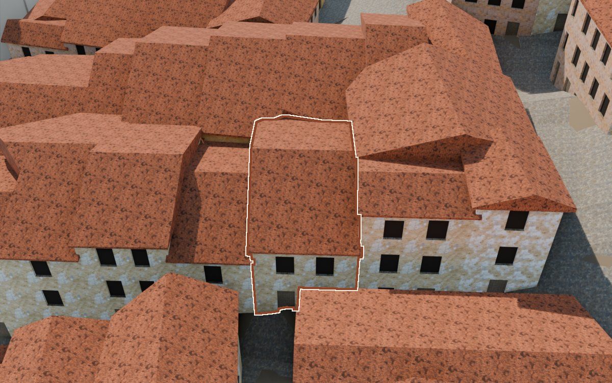 Manzana 32, n.º 19 a la reconstrucció 3D, vista des del costat on millor es veu, amb el contorn marcat de color teula entre les cases del voltant