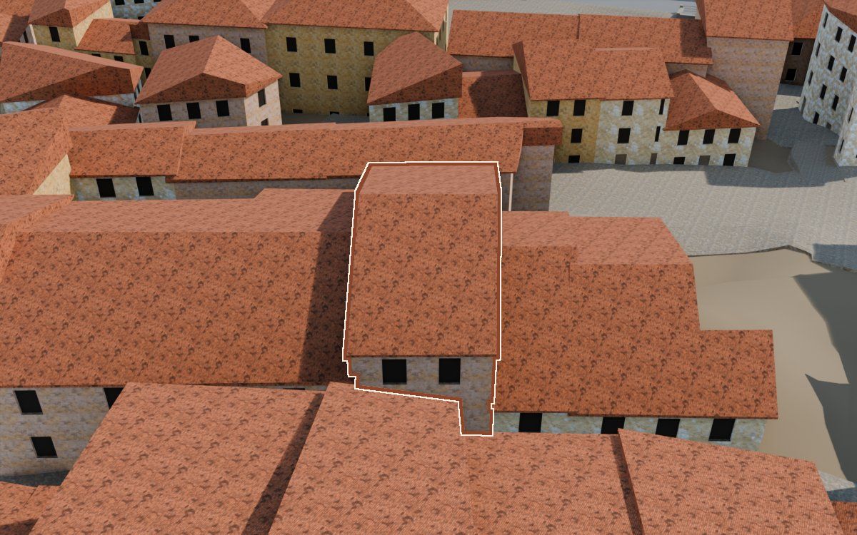 Manzana 30, n.º 10 a la reconstrucció 3D, vista des del seu carrer, amb el contorn marcat de color teula entre les cases del voltant