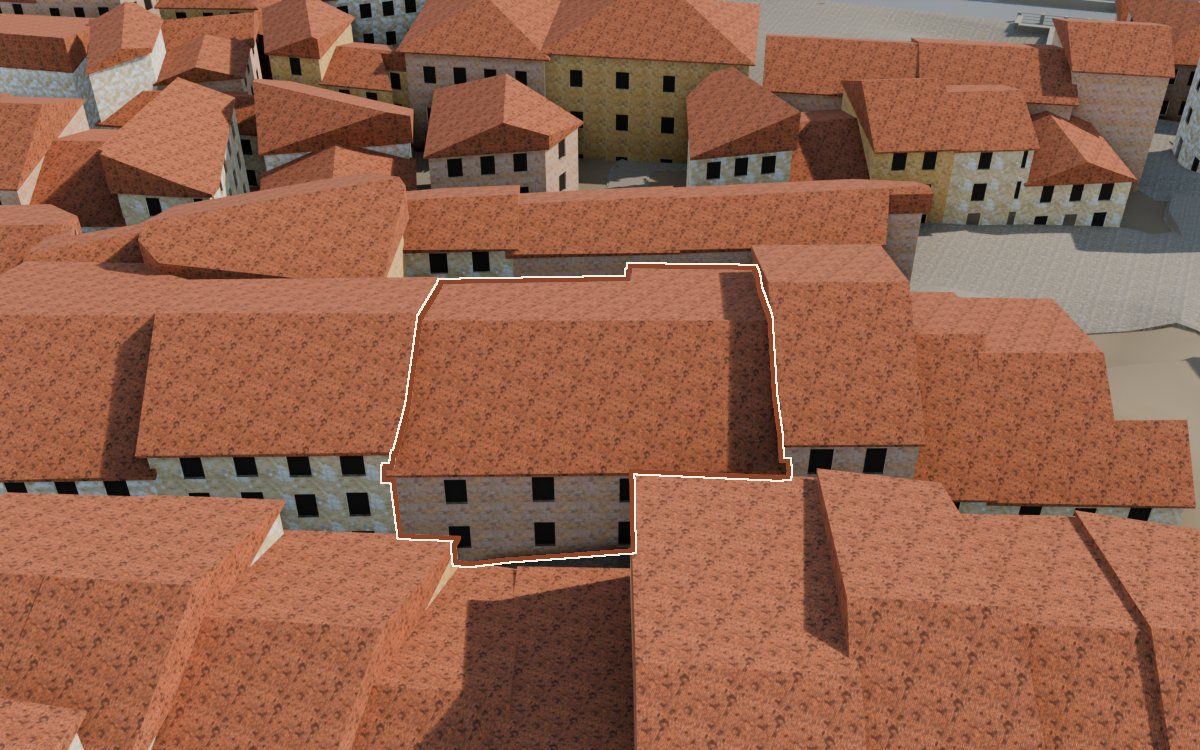 Manzana 30, n.º 11 a la reconstrucció 3D, vista des del seu carrer, amb el contorn marcat de color teula entre les cases del voltant
