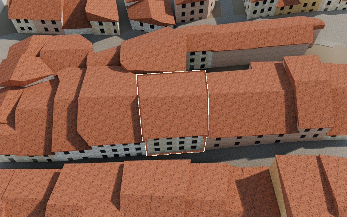 Manzana 30, n.º 12 a la reconstrucció 3D, vista des del costat on millor es veu, amb el contorn marcat de color teula entre les cases del voltant