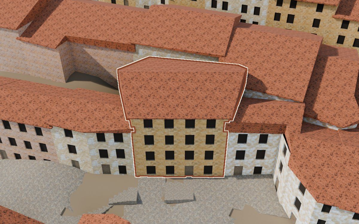 Casa de la Costereta del Forn a la reconstrucció 3D, vista des del seu carrer, amb el contorn marcat de color teula entre les cases del voltant