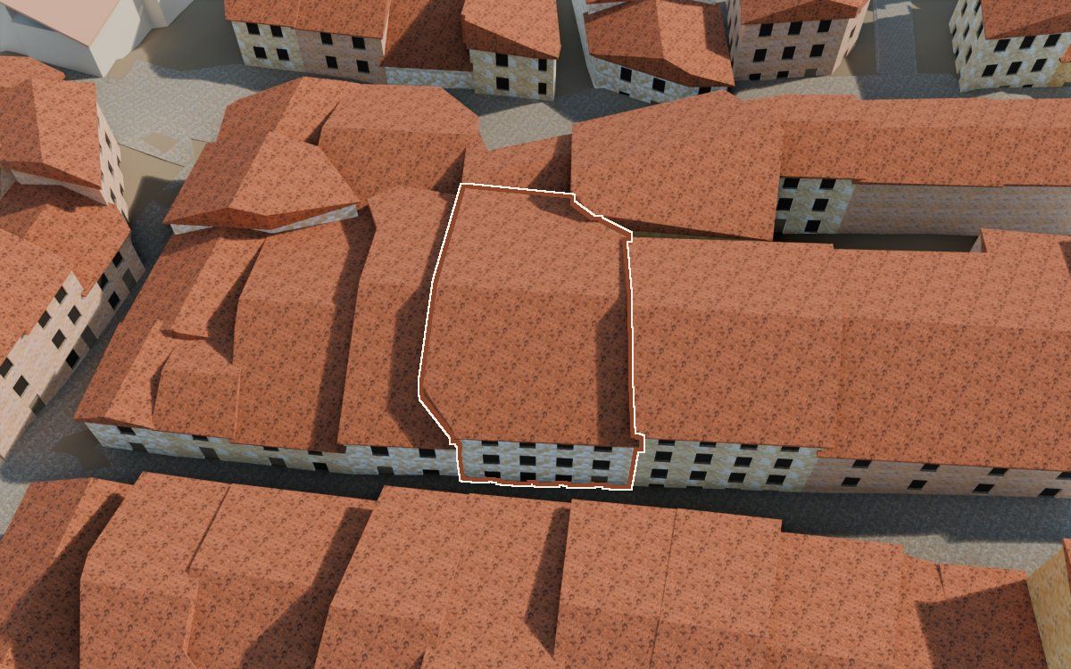 Manzana 30, n.º 13 y 14 a la reconstrucció 3D, vista des del costat on millor es veu, amb el contorn marcat de color teula entre les cases del voltant