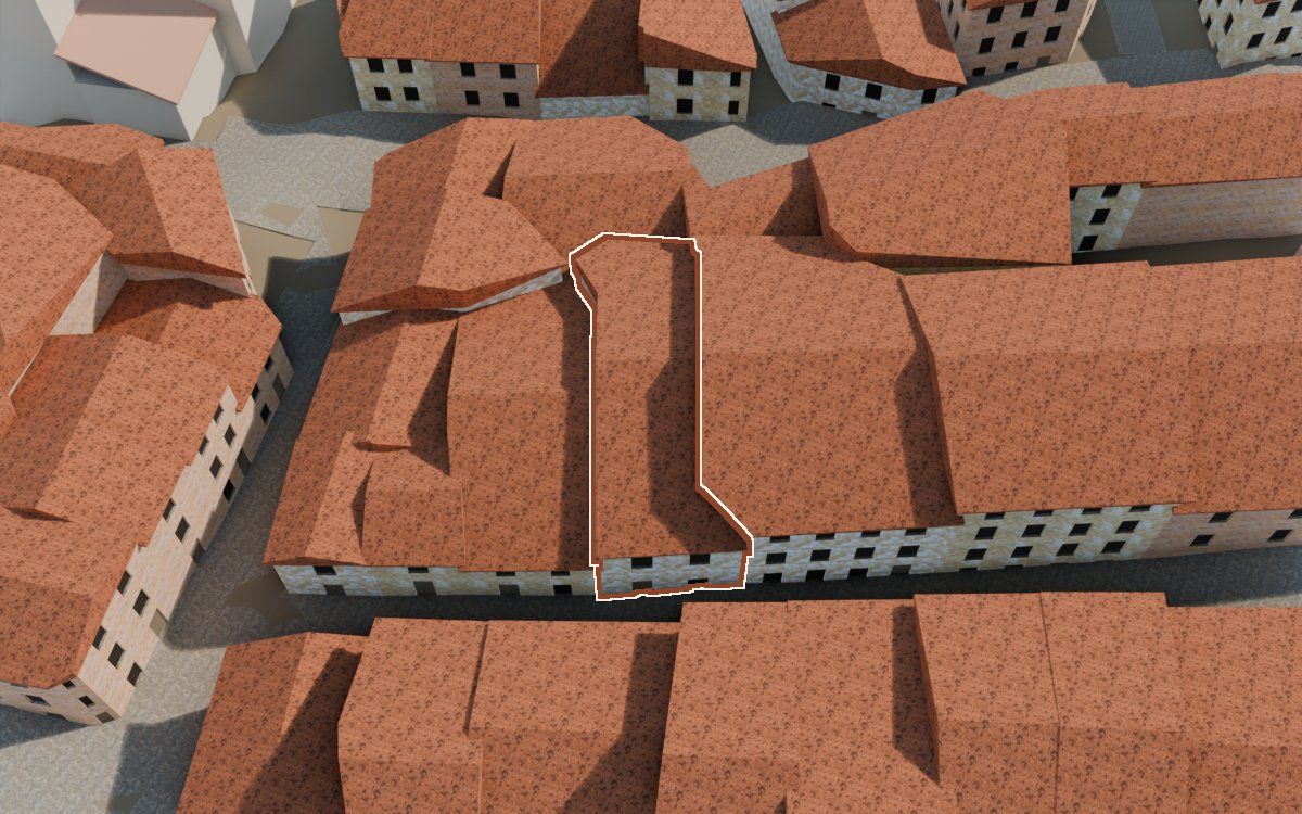Manzana 30, n.º 15 a la reconstrucció 3D, vista des del costat on millor es veu, amb el contorn marcat de color teula entre les cases del voltant