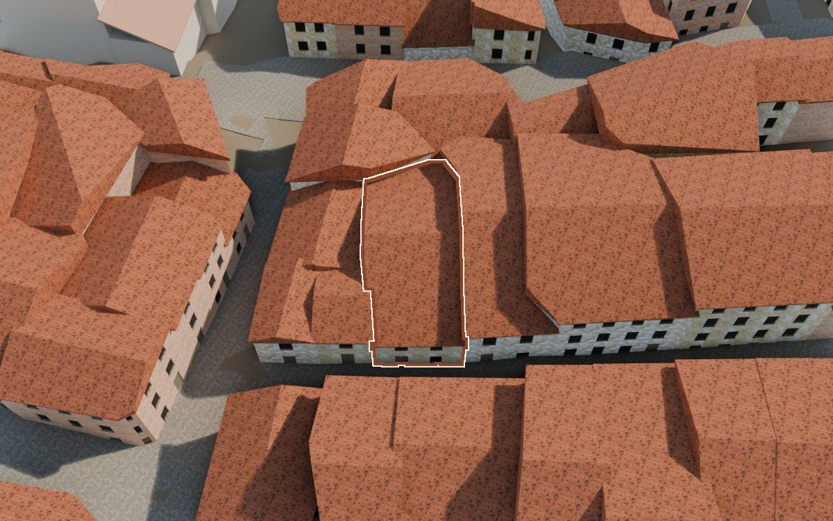 Manzana 30, n.º 16 a la reconstrucció 3D, vista des del costat on millor es veu, amb el contorn marcat de color teula entre les cases del voltant