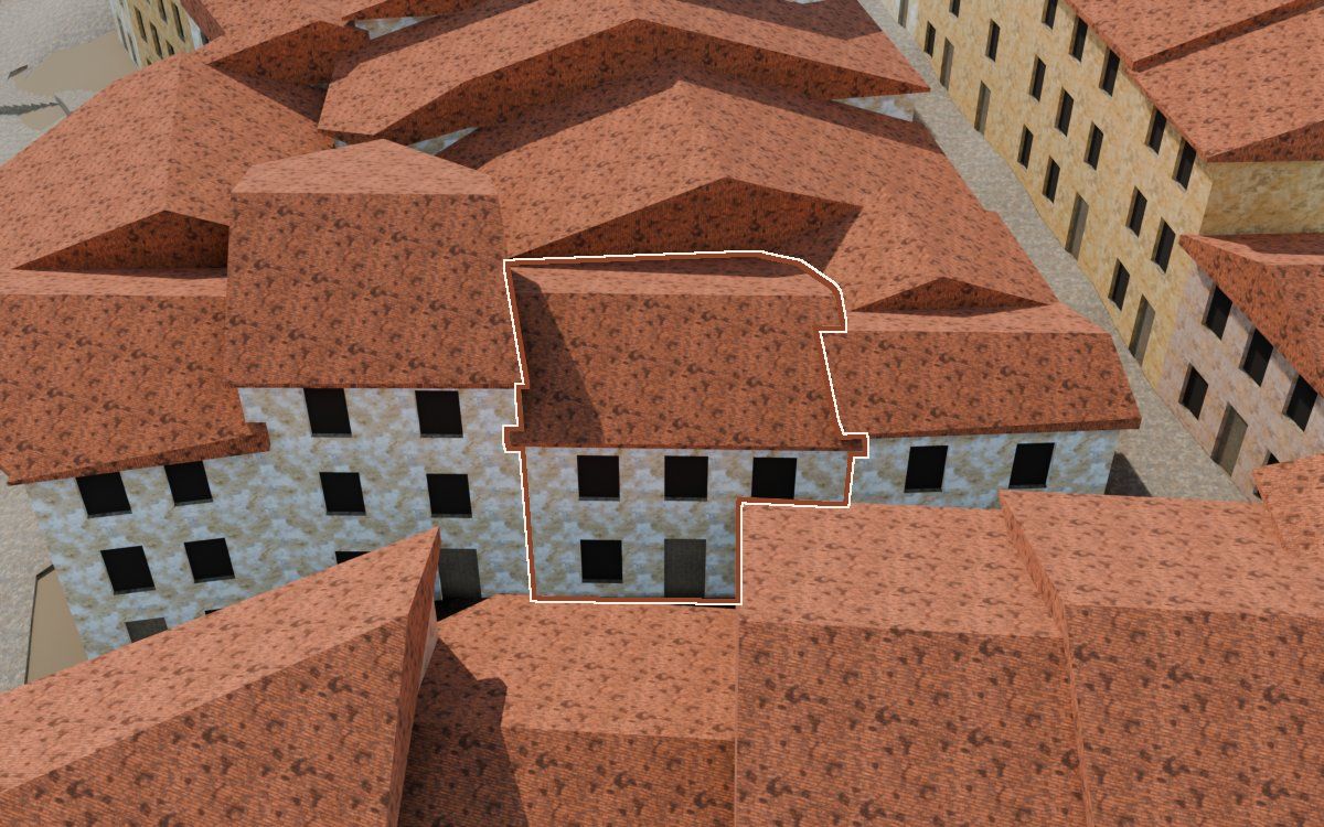 Manzana 30, n.º 19 a la reconstrucció 3D, vista des del seu carrer, amb el contorn marcat de color teula entre les cases del voltant