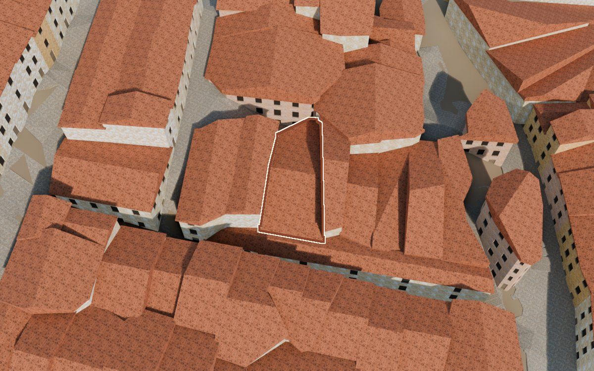 Manzana 33, n.º 15 y 12 a la reconstrucció 3D, vista des del costat on millor es veu, amb el contorn marcat de color teula entre les cases del voltant