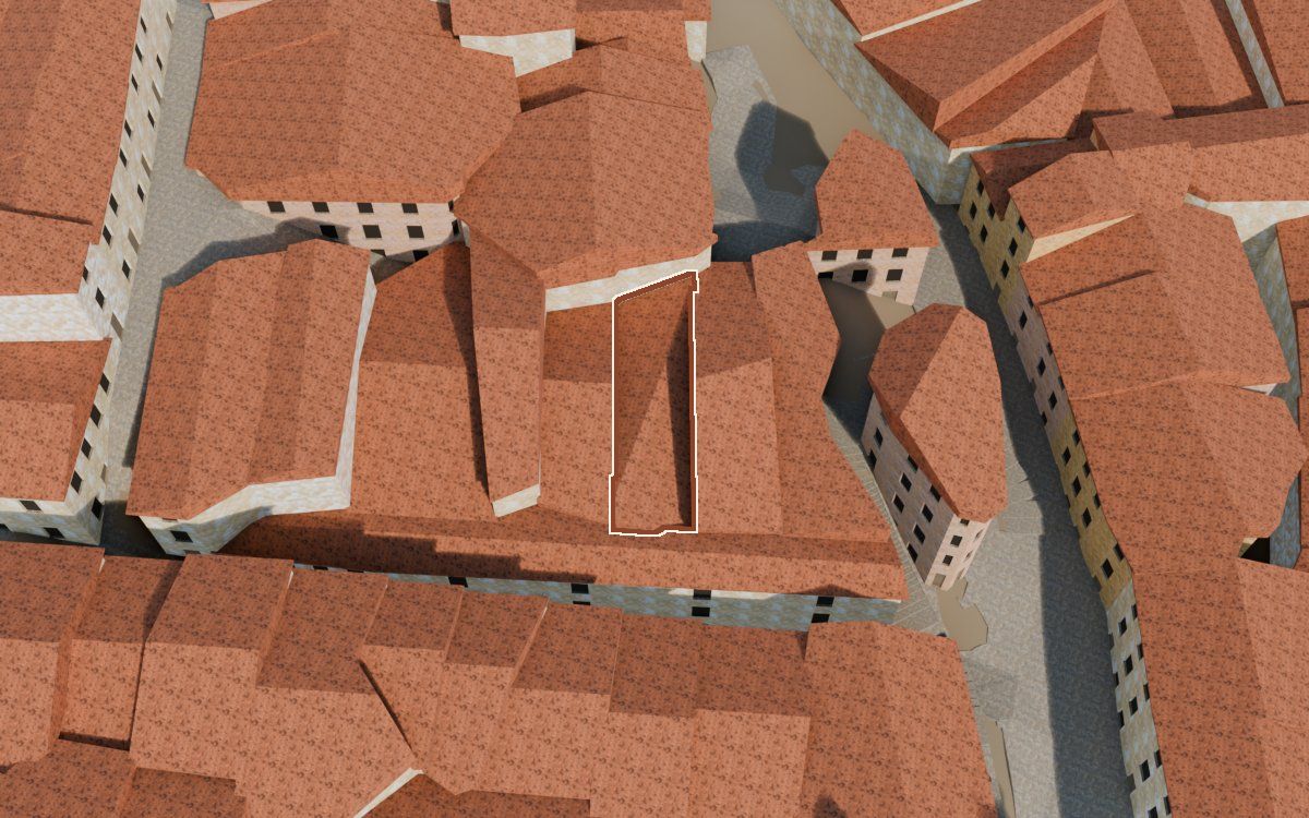 Casa del Carrer de la Novilla a la reconstrucció 3D, vista des del costat on millor es veu, amb el contorn marcat de color teula entre les cases del voltant