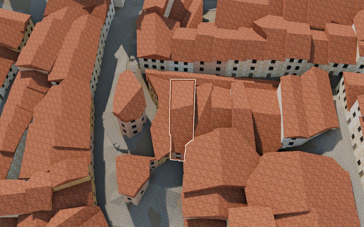Manzana 33, n.º 17 a la reconstrucció 3D, vista des del costat on millor es veu, amb el contorn marcat de color teula entre les cases del voltant