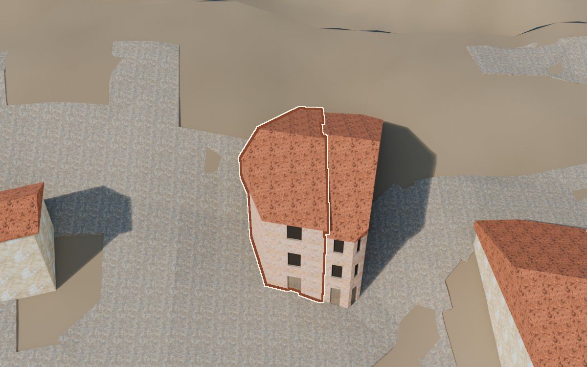 Casa del Carrer del Castell a la reconstrucció 3D, vista des del costat on millor es veu, amb el contorn marcat de color teula entre les cases del voltant