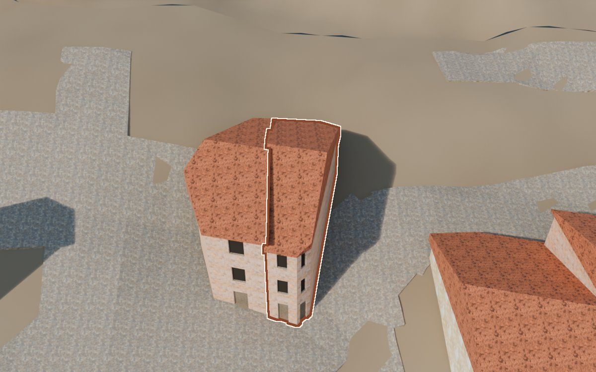 Casa del Carrer del Castell a la reconstrucció 3D, vista des del costat on millor es veu, amb el contorn marcat de color teula entre les cases del voltant