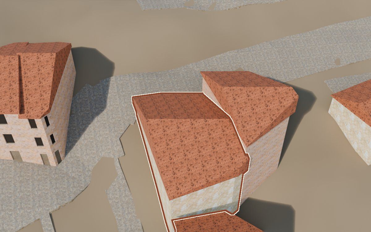 Casa del Carrer del Castell a la reconstrucció 3D, vista des del costat on millor es veu, amb el contorn marcat de color teula entre les cases del voltant