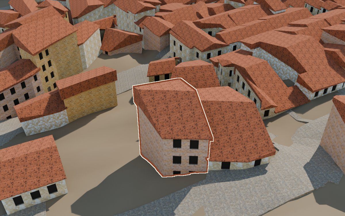 Casa del Carrer del Castell a la reconstrucció 3D, vista des del seu carrer, amb el contorn marcat de color teula entre les cases del voltant