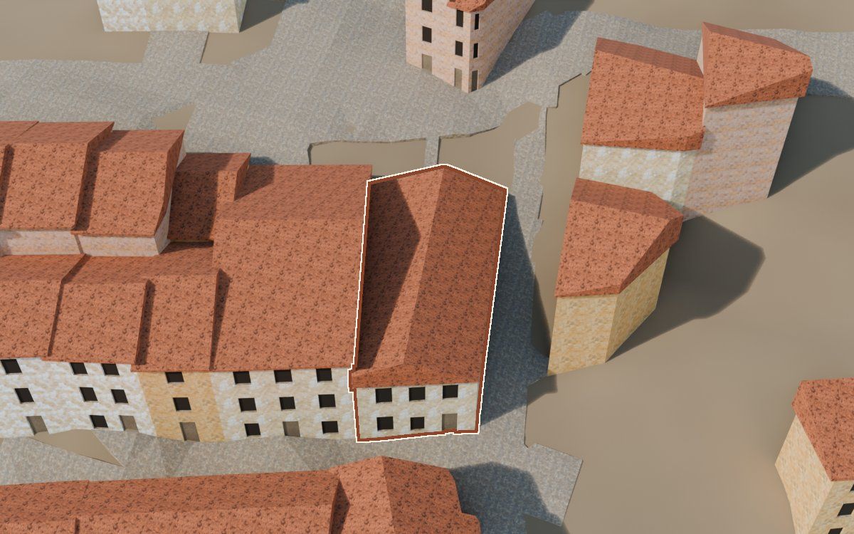 Casa del Carrer de la Novilla a la reconstrucció 3D, vista des del costat on millor es veu, amb el contorn marcat de color teula entre les cases del voltant