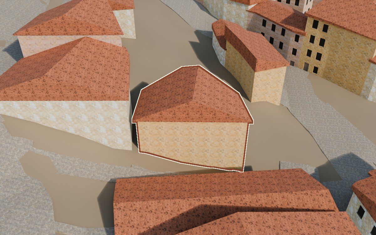 Casa del Carrer del Castell a la reconstrucció 3D, vista des del seu carrer, amb el contorn marcat de color teula entre les cases del voltant