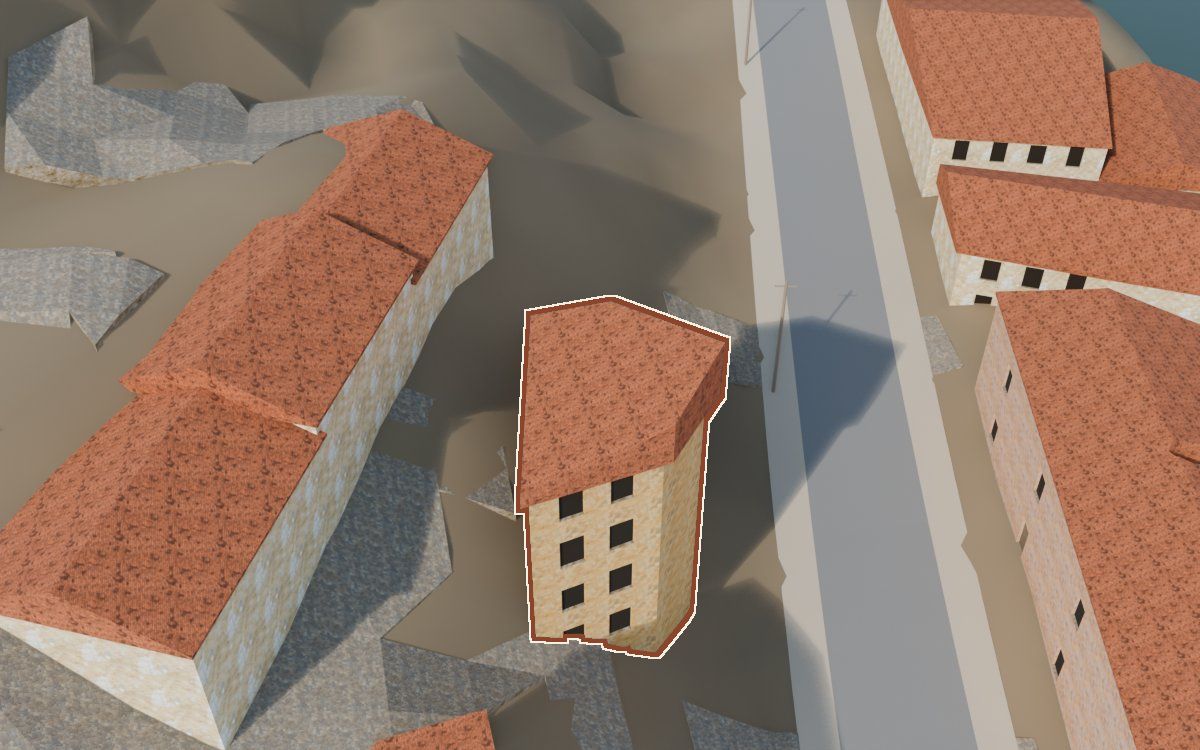Casa del Carrer Sepulcro a la reconstrucció 3D, vista des del costat on millor es veu, amb el contorn marcat de color teula entre les cases del voltant