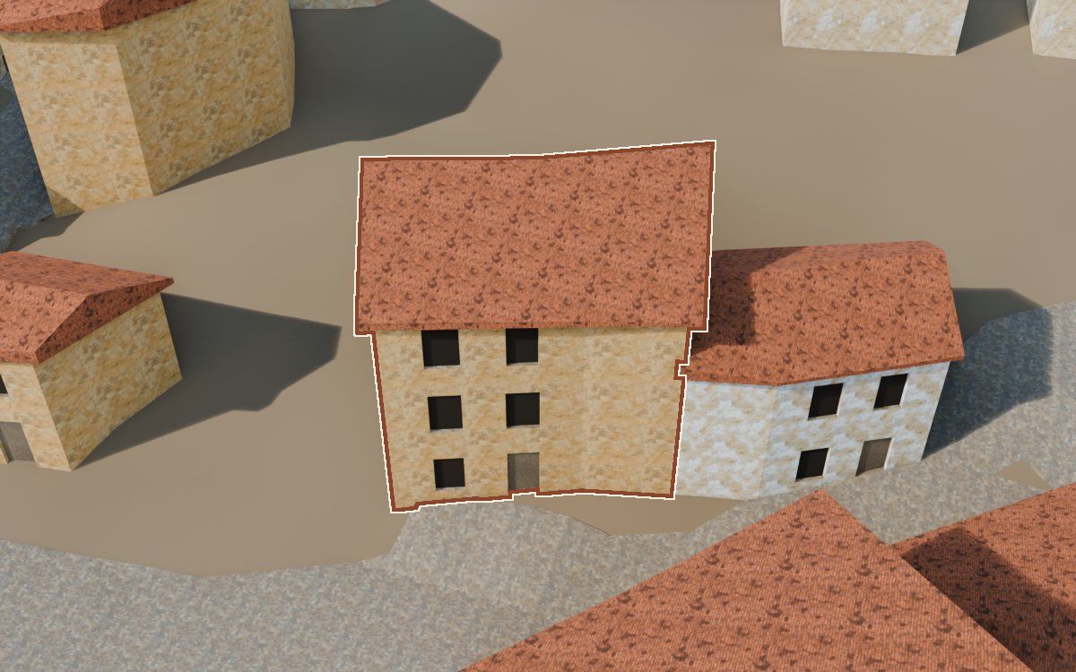 Casa del Carrer Nou a la reconstrucció 3D, vista des del seu carrer, amb el contorn marcat de color teula entre les cases del voltant