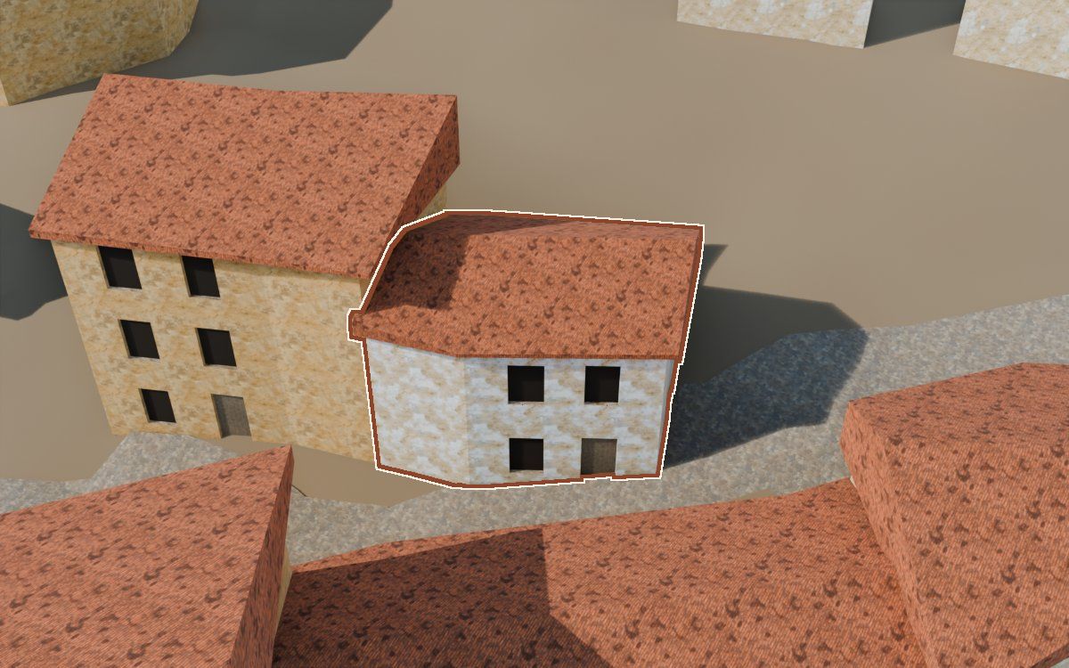Casa del Carrer Nou a la reconstrucció 3D, vista des del seu carrer, amb el contorn marcat de color teula entre les cases del voltant