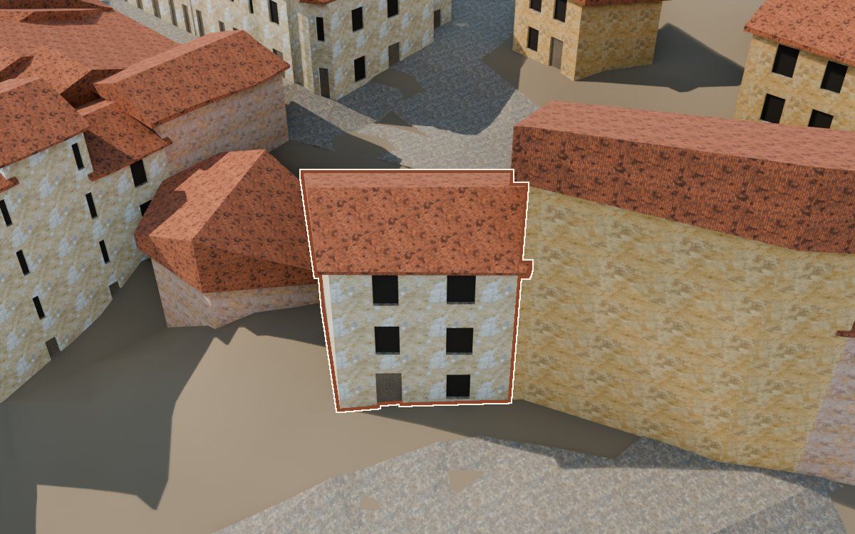 Casa del Carrer Saragossa a la reconstrucció 3D, vista des del seu carrer, amb el contorn marcat de color teula entre les cases del voltant