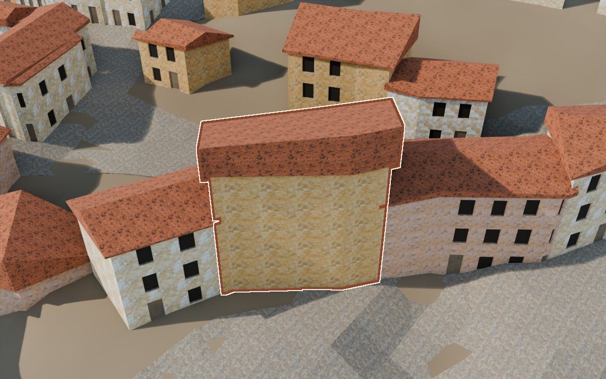Casa del Carrer Nou a la reconstrucció 3D, vista des del seu carrer, amb el contorn marcat de color teula entre les cases del voltant