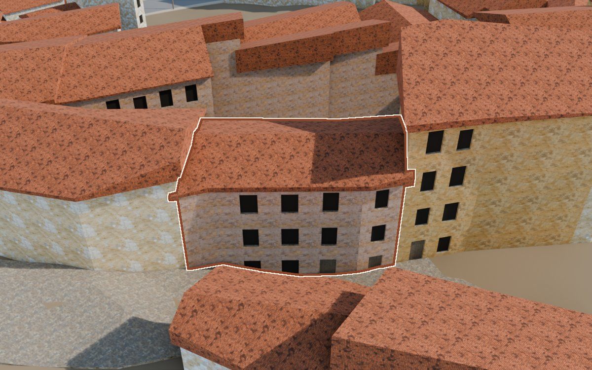 Casa del Carrer Nou a la reconstrucció 3D, vista des del seu carrer, amb el contorn marcat de color teula entre les cases del voltant
