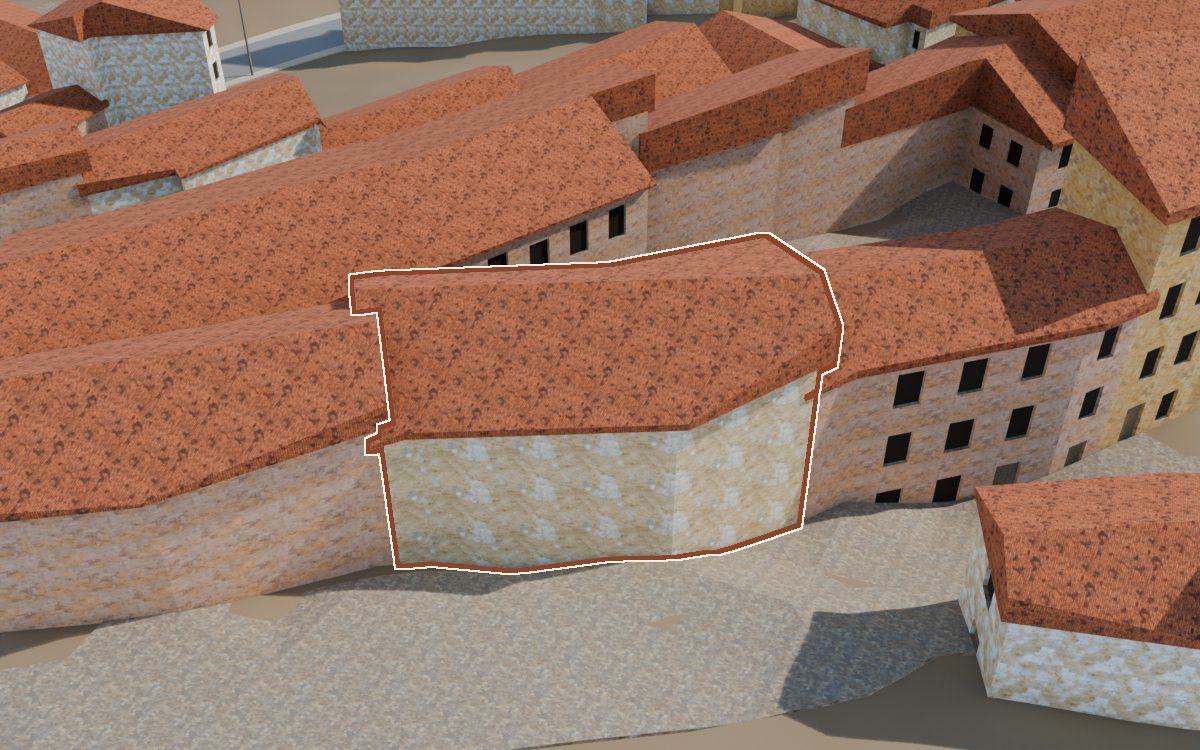 Casa del Carrer Saragossa a la reconstrucció 3D, vista des del seu carrer, amb el contorn marcat de color teula entre les cases del voltant