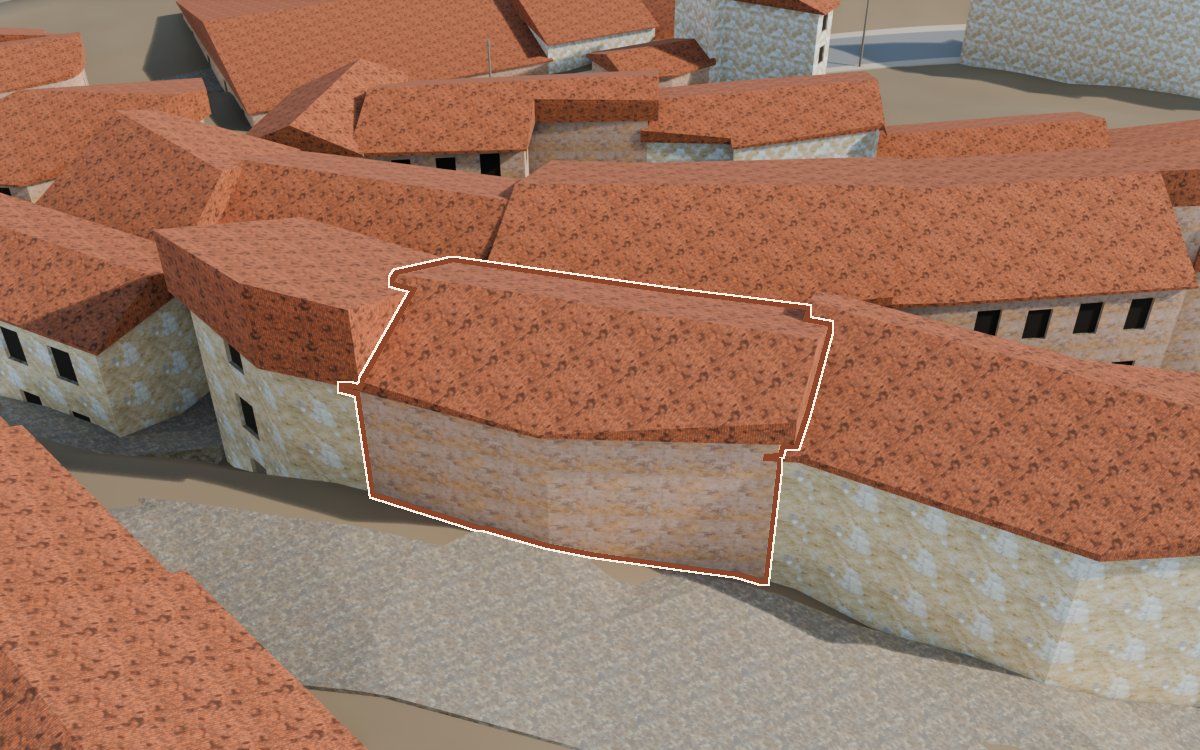 Casa del Carrer Saragossa a la reconstrucció 3D, vista des del seu carrer, amb el contorn marcat de color teula entre les cases del voltant