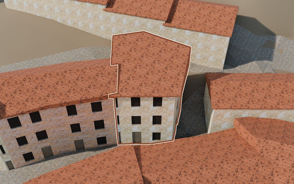 Casa del Carrer de les Pedres a la reconstrucció 3D, vista des del costat on millor es veu, amb el contorn marcat de color teula entre les cases del voltant