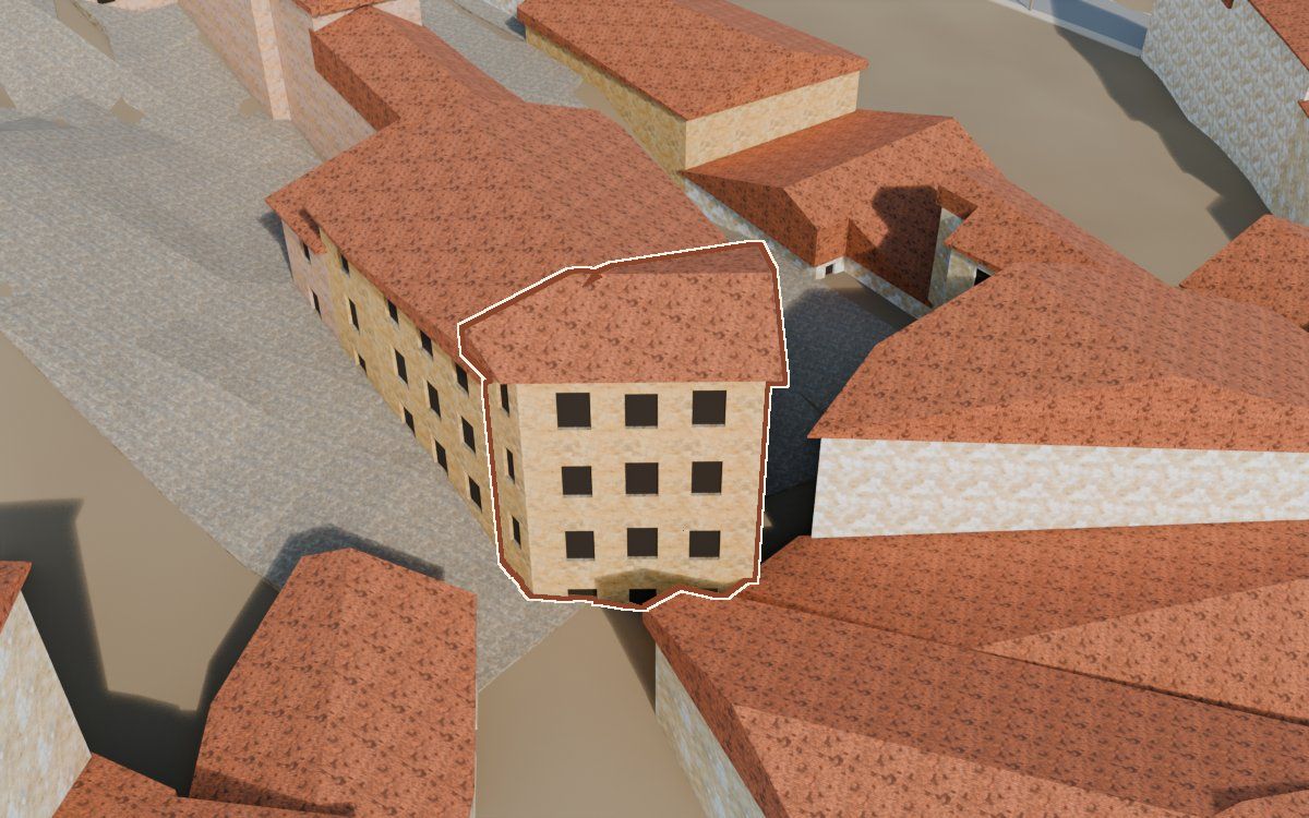 Casa del Carrer Saragossa a la reconstrucció 3D, vista des del seu carrer, amb el contorn marcat de color teula entre les cases del voltant