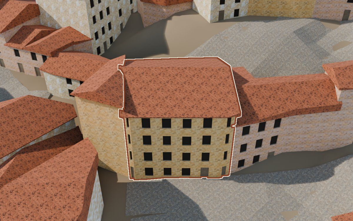 Casa del Carrer de la Iglésia a la reconstrucció 3D, vista des del seu carrer, amb el contorn marcat de color teula entre les cases del voltant