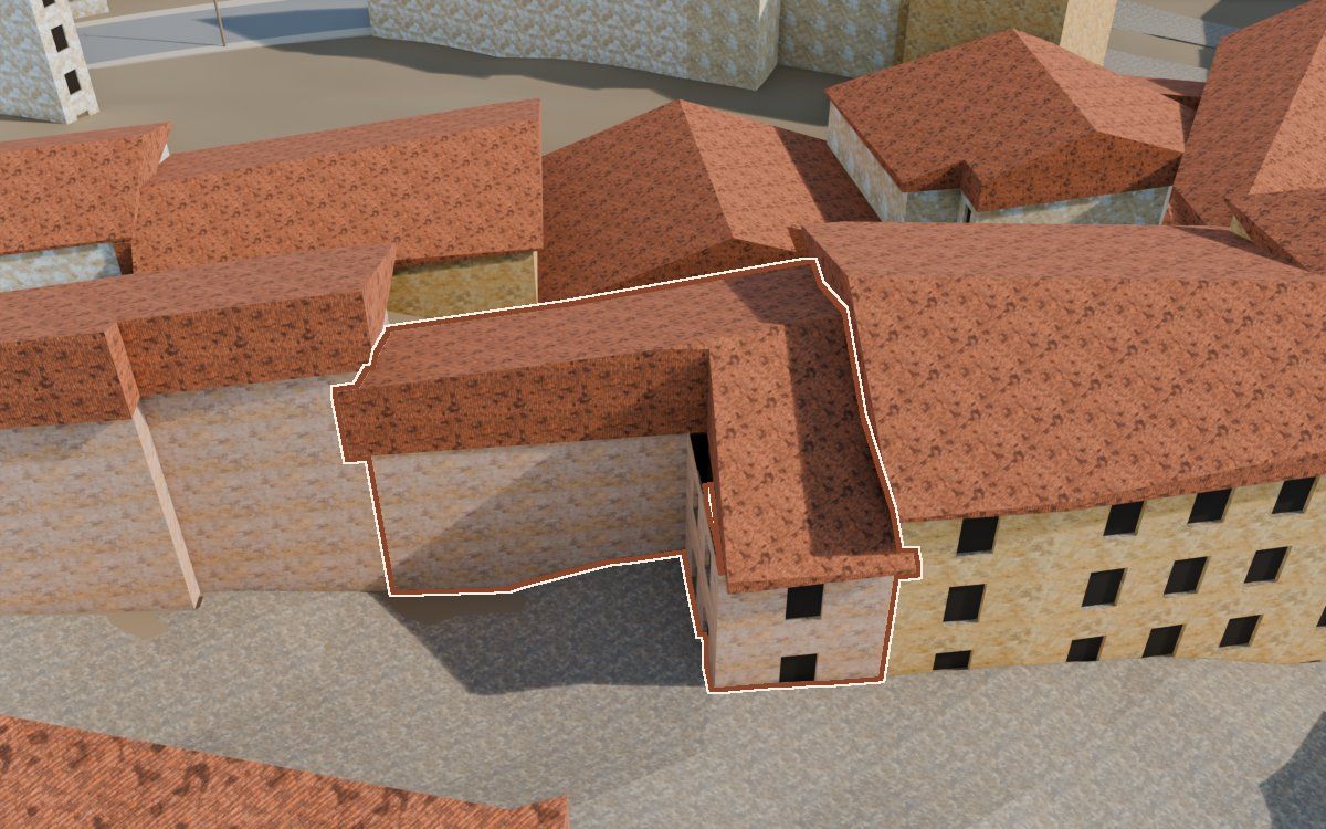 Casa del Carrer de la Iglésia a la reconstrucció 3D, vista des del seu carrer, amb el contorn marcat de color teula entre les cases del voltant