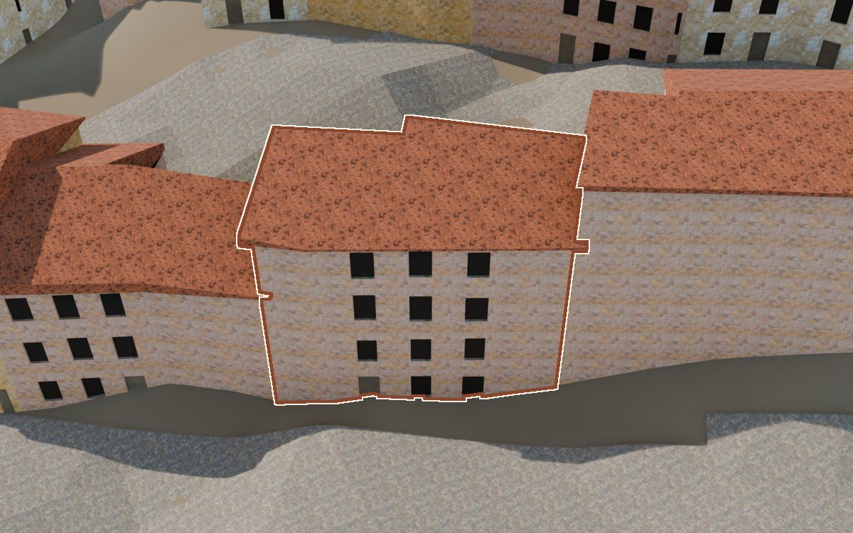 Casa del Carrer de la Iglésia a la reconstrucció 3D, vista des del seu carrer, amb el contorn marcat de color teula entre les cases del voltant